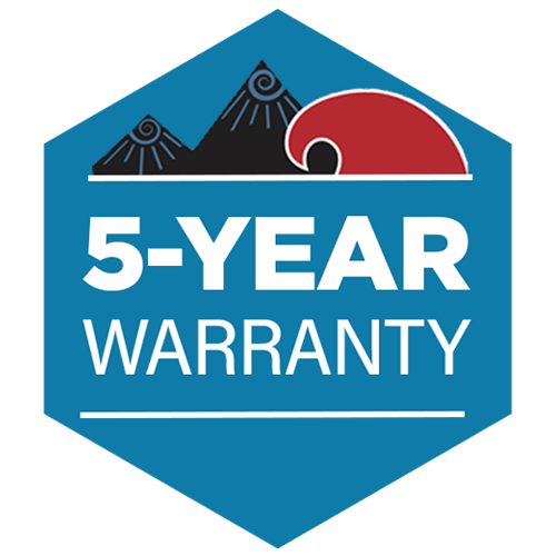 Hala Gear 5-year warranty badge featuring mountain and wave graphics.