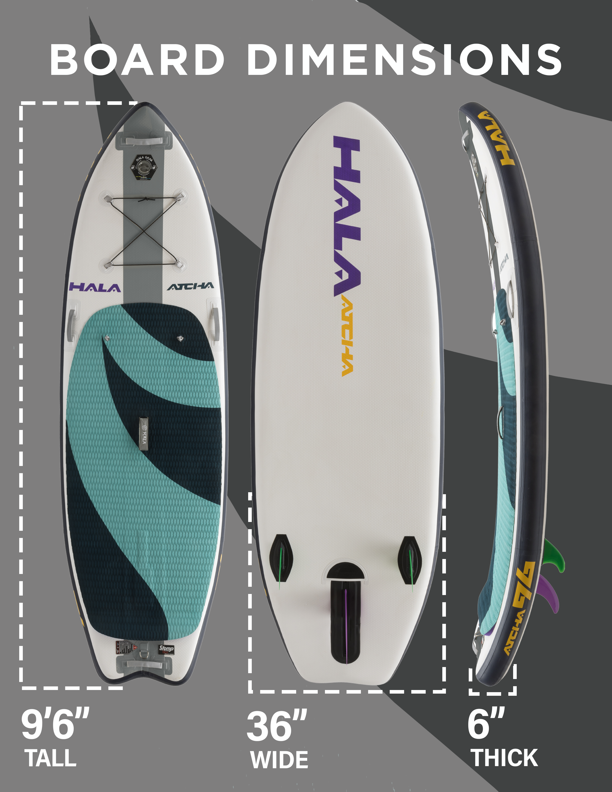 Hala Atcha 96 board dimensions: 9'6 length, 36 inch width