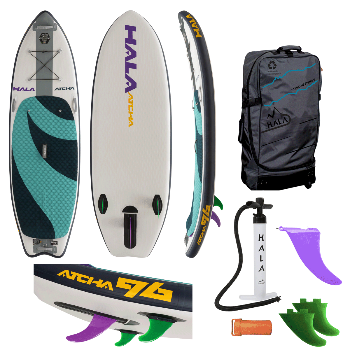 Hala Atcha 9'6 inflatable paddle board full kit in teal, and dark blue. Includes the board, travel bag, hand pump, StompBox retractable fin system, repair kit, and additional fins for versatile river surfing and whitewater performance.