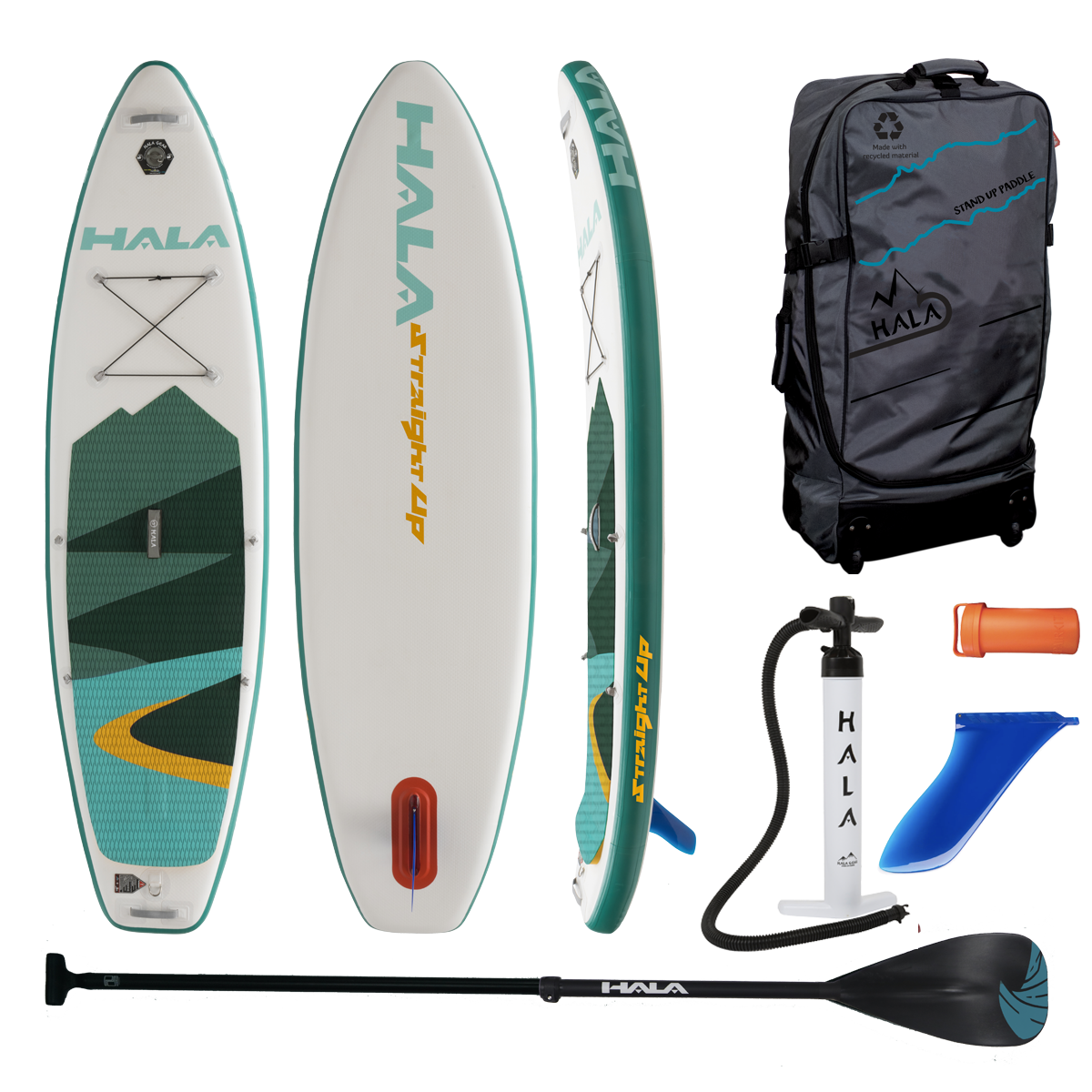 Complete Hala Straight Up inflatable paddle board kit, featuring a board with green, blue, and yellow mountain design deck pad. Includes travel bag, dual-action hand pump, adjustable paddle, center fin, and repair kit.
