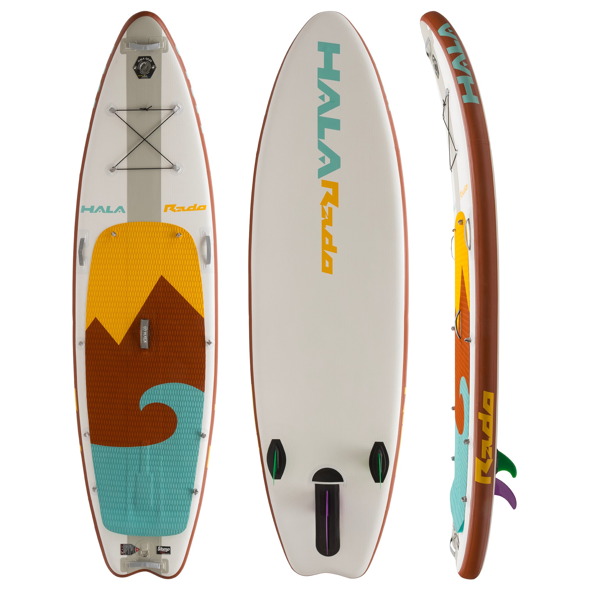 Hala Rado inflatable paddle board shown from three angles: top view featuring a red, teal, and yellow mountain and wave design deck pad with bungee tie-downs; bottom view with fin setup and Hala Rado branding; and side profile displaying board thickness and logo placement.