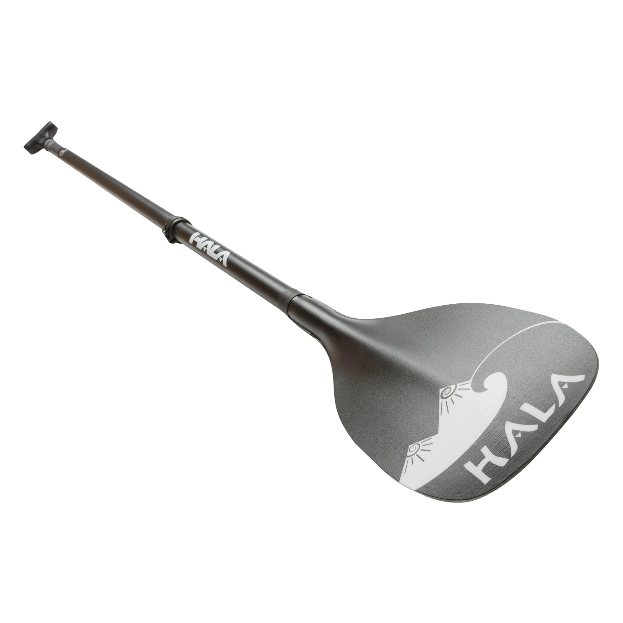 Angled close-up of the Hala Rival Carbon paddle featuring a matte black carbon shaft and a wide, contoured blade with a white Hala wave and mountain logo. The paddle's dihedral blade design enhances stability and efficient water flow.