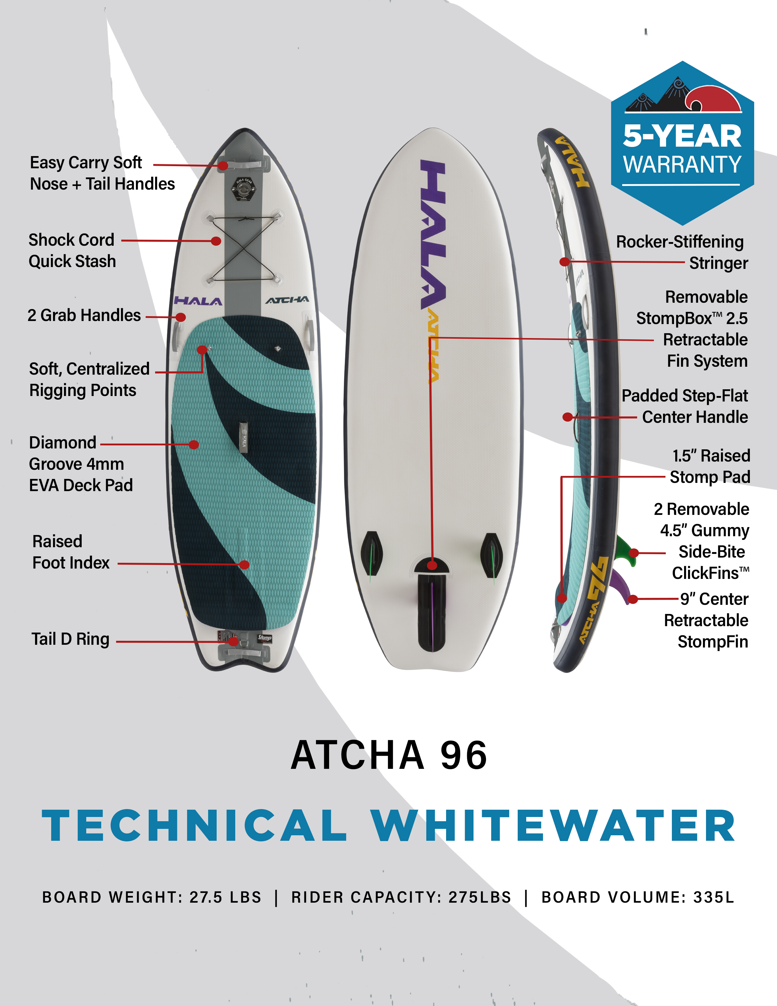 Hala Atcha 96 board schematic showing top and bottom view layout of the 9'6 by 36 inch inflatable SUP