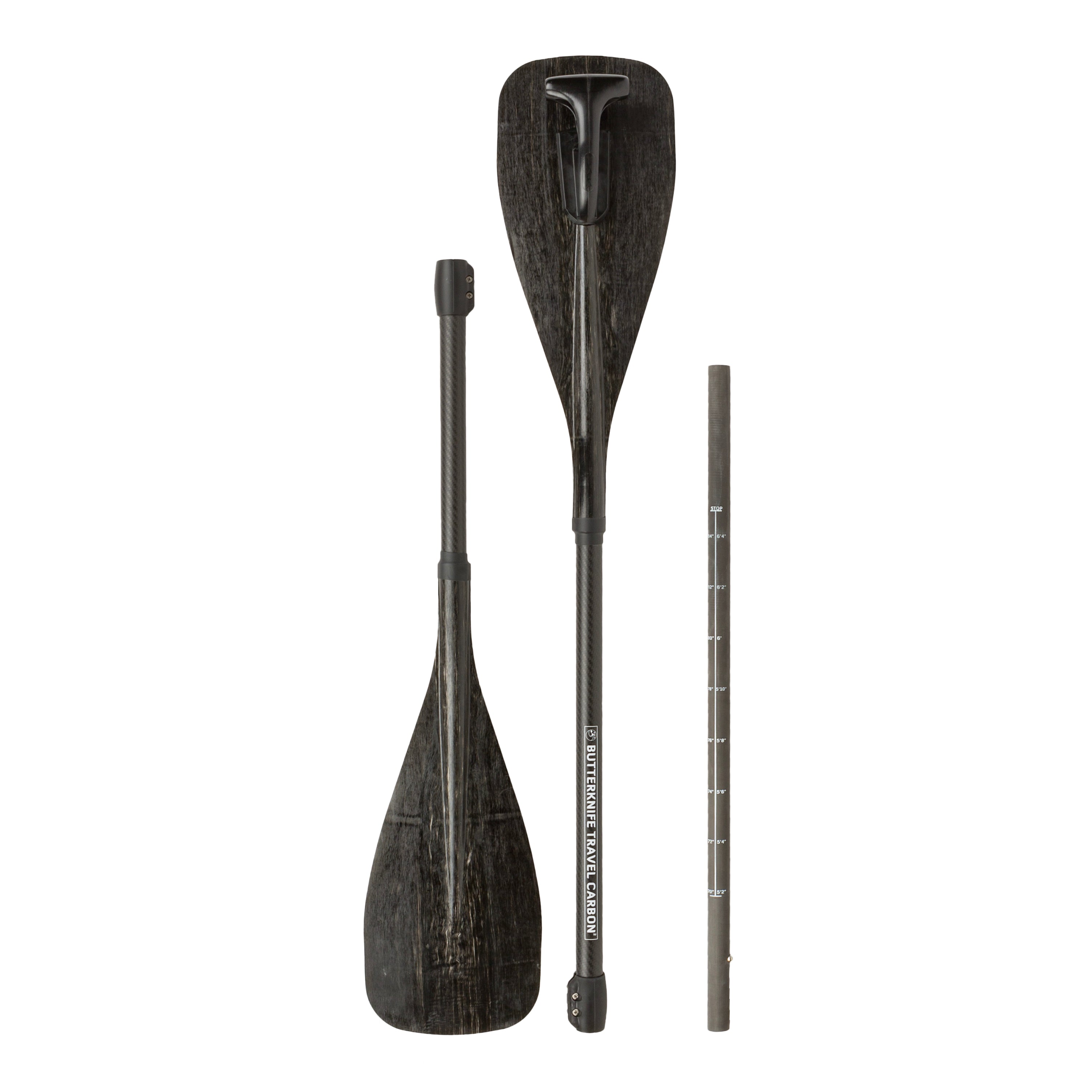 Disassembled Hala Butterknife Travel Carbon Paddle in black, showing three parts: blade section, handle section, and middle shaft with height markers.