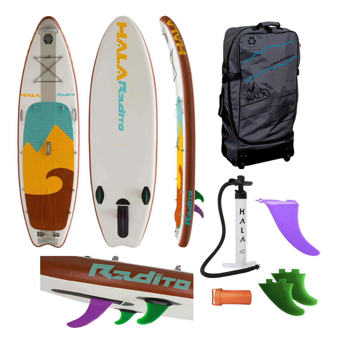 Complete Hala Radito inflatable paddle board kit, featuring a board with red, teal, and yellow mountain and wave design deck pad. Includes travel bag, dual-action hand pump, 4.5 gummy side-bite fins, StompBox 2.5 retractable fin system, and repair kit.