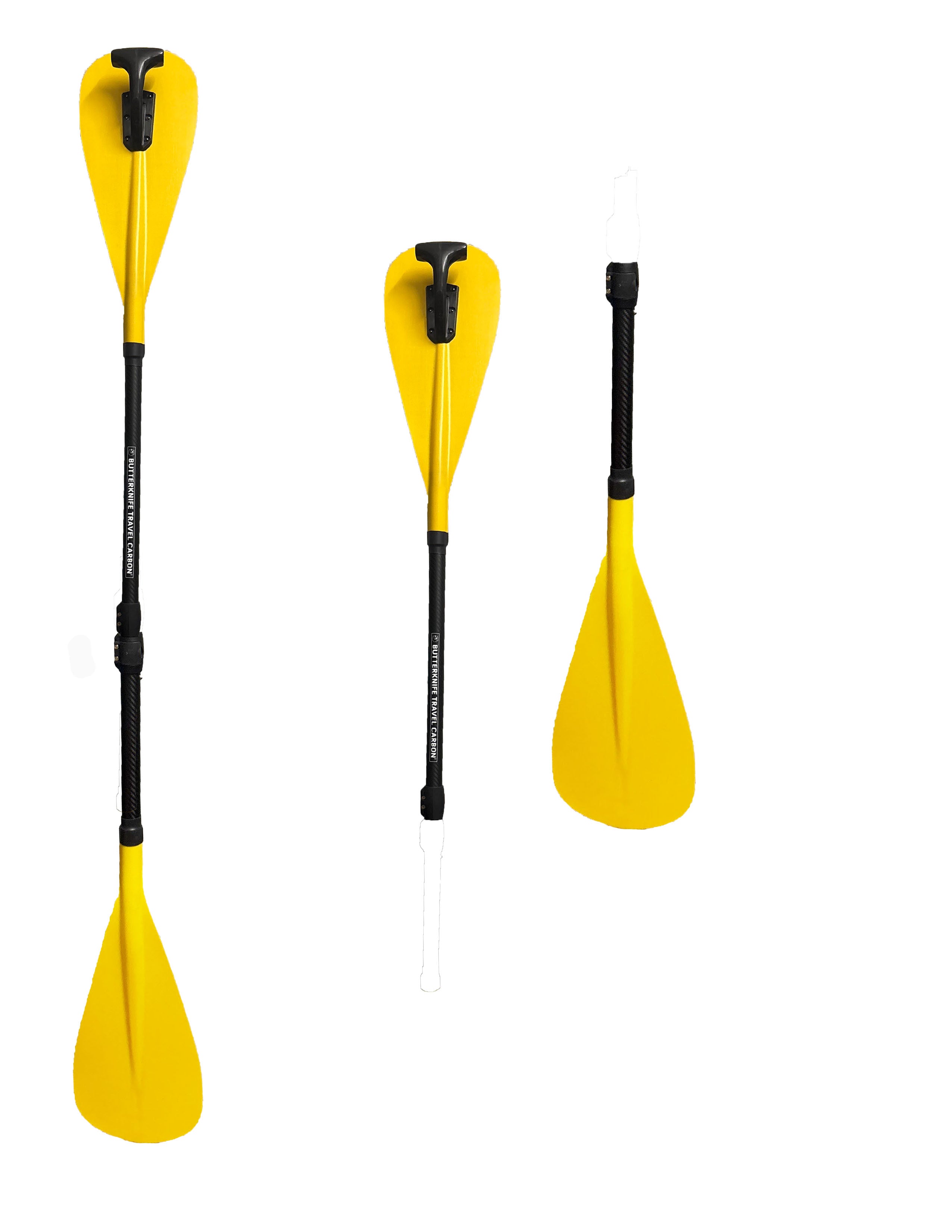Disassembled Hala Butterknife Travel Carbon Paddle in yellow, showing three parts: blade section, handle section, and middle shaft with height markers.
