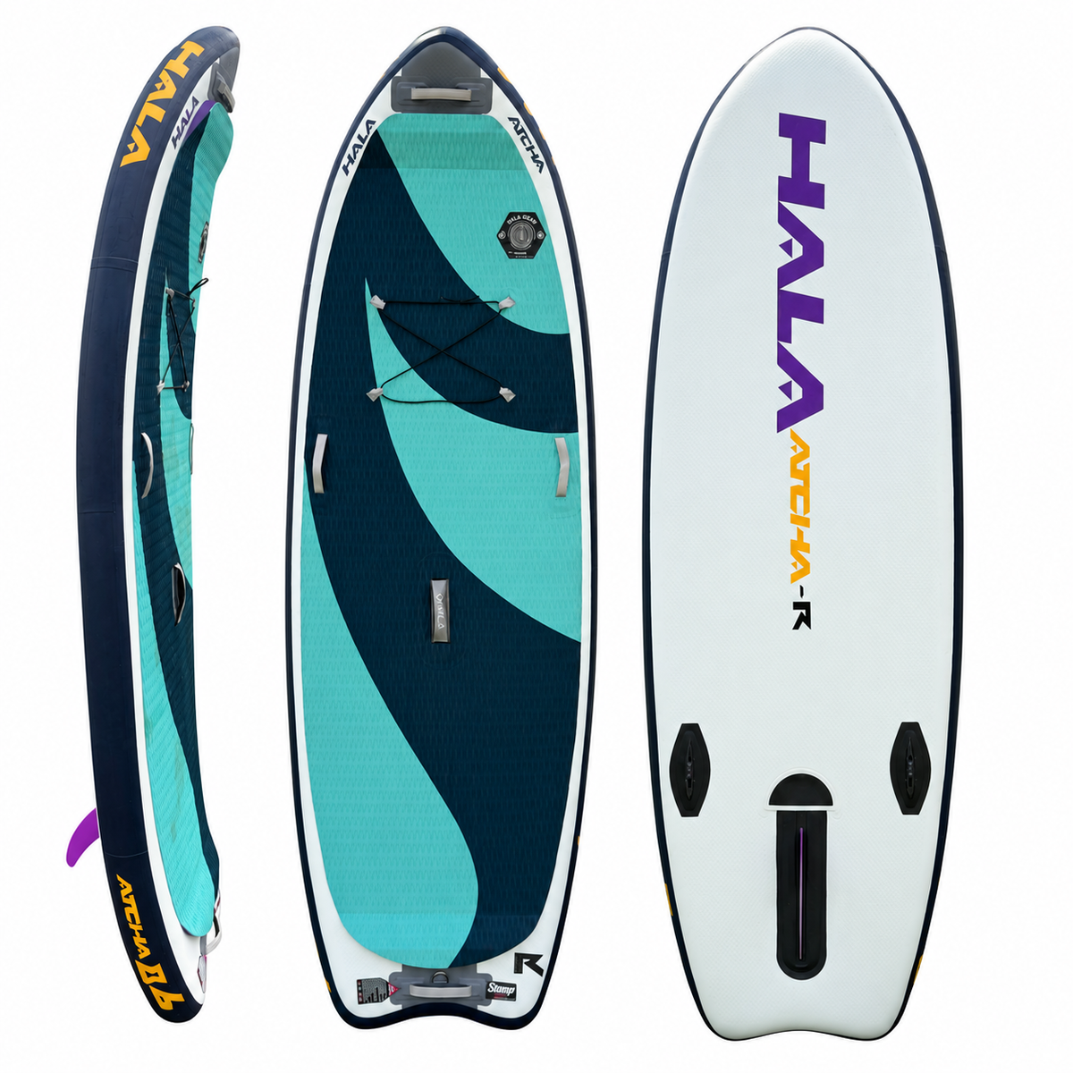 Hala Atcha 86-R inflatable whitewater SUP in side, deck and bottom views on white background