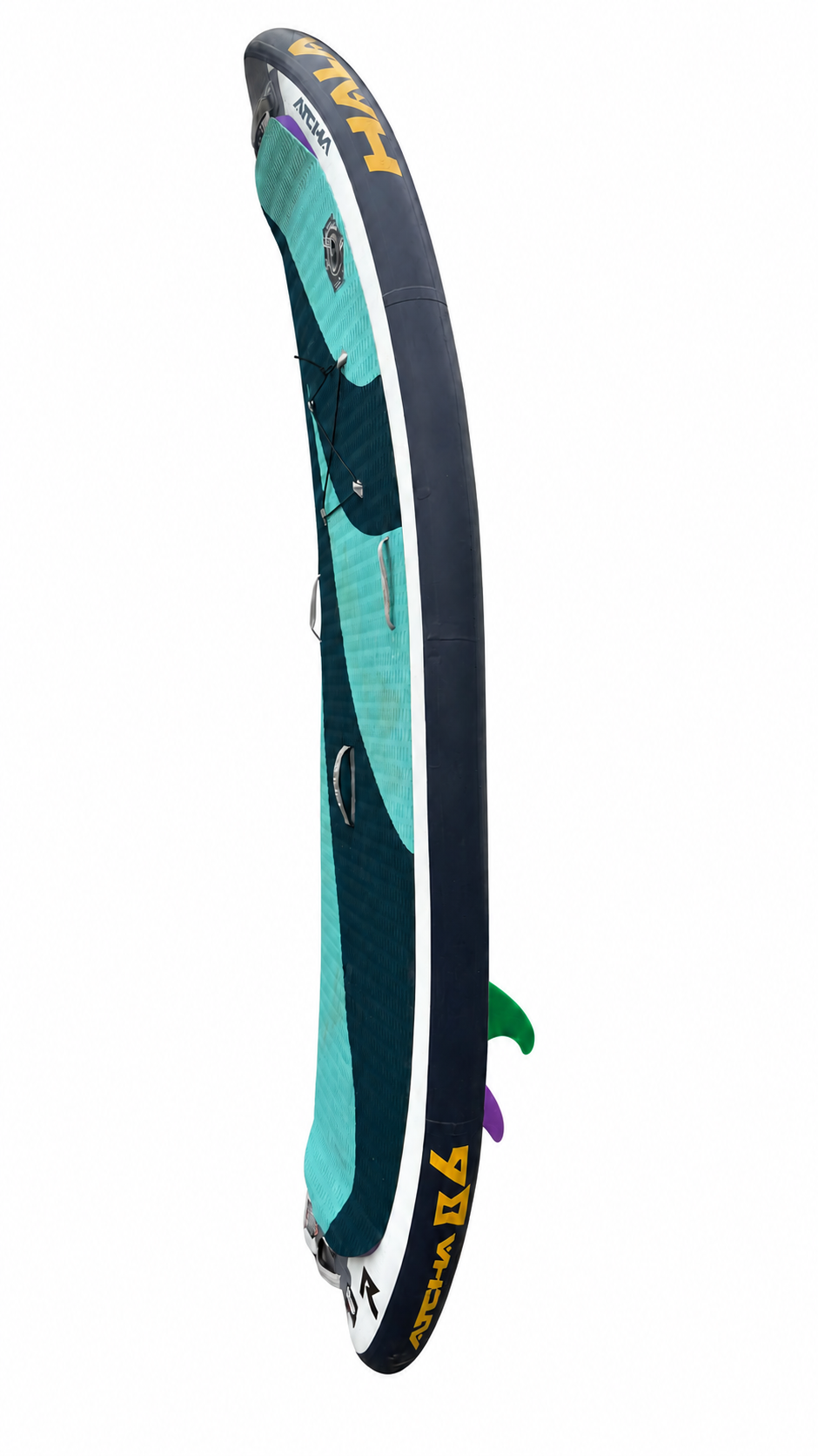 Side profile of the Hala Atcha 86-R inflatable whitewater SUP on white background