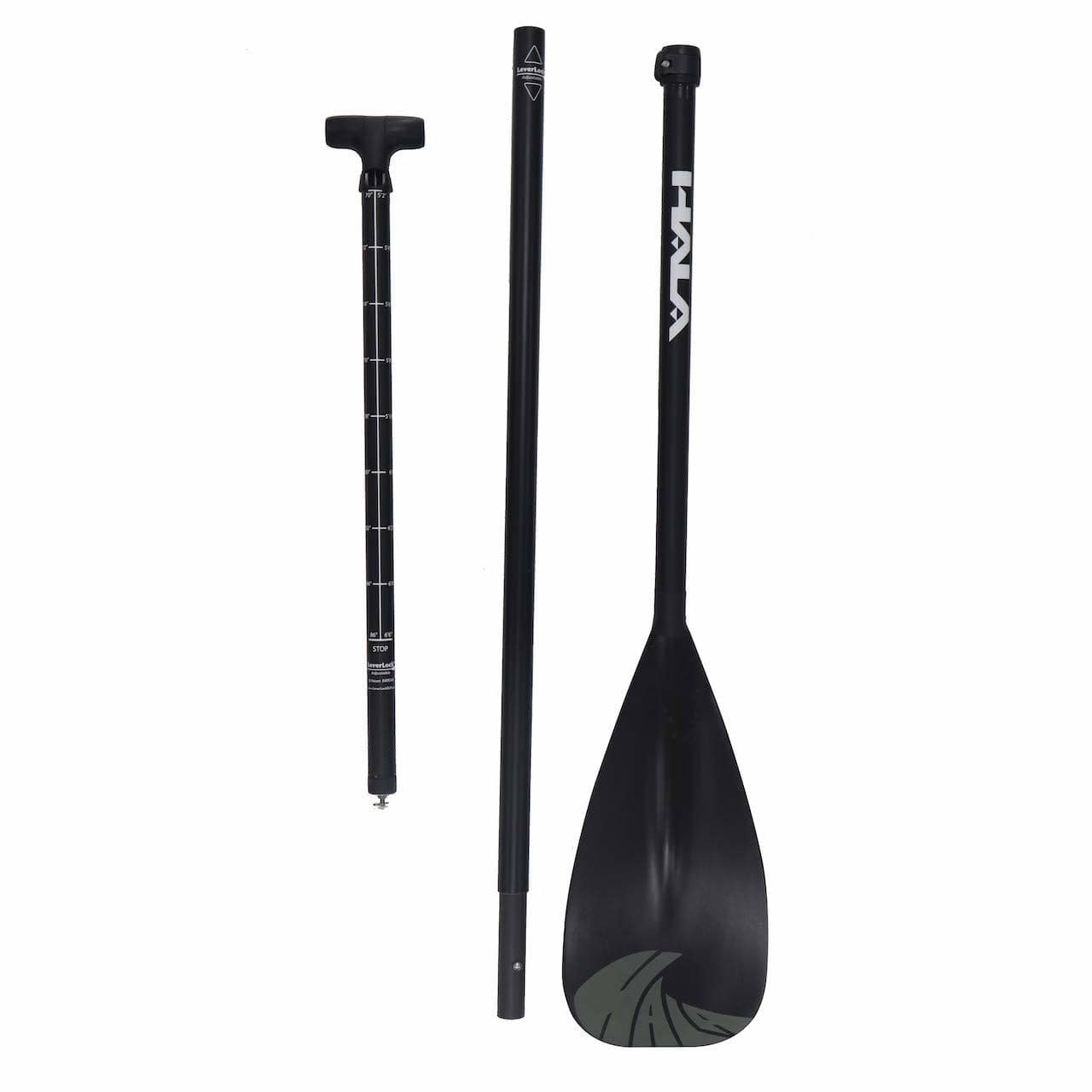 The Hala B-Line paddle in gray l is shown disassembled into three parts: the paddle blade with the lower shaft, the middle shaft section, and the top handle with the LeverLock adjustment system. The blade features a gray wave graphic, and the Hala logo is printed in white on the shaft.